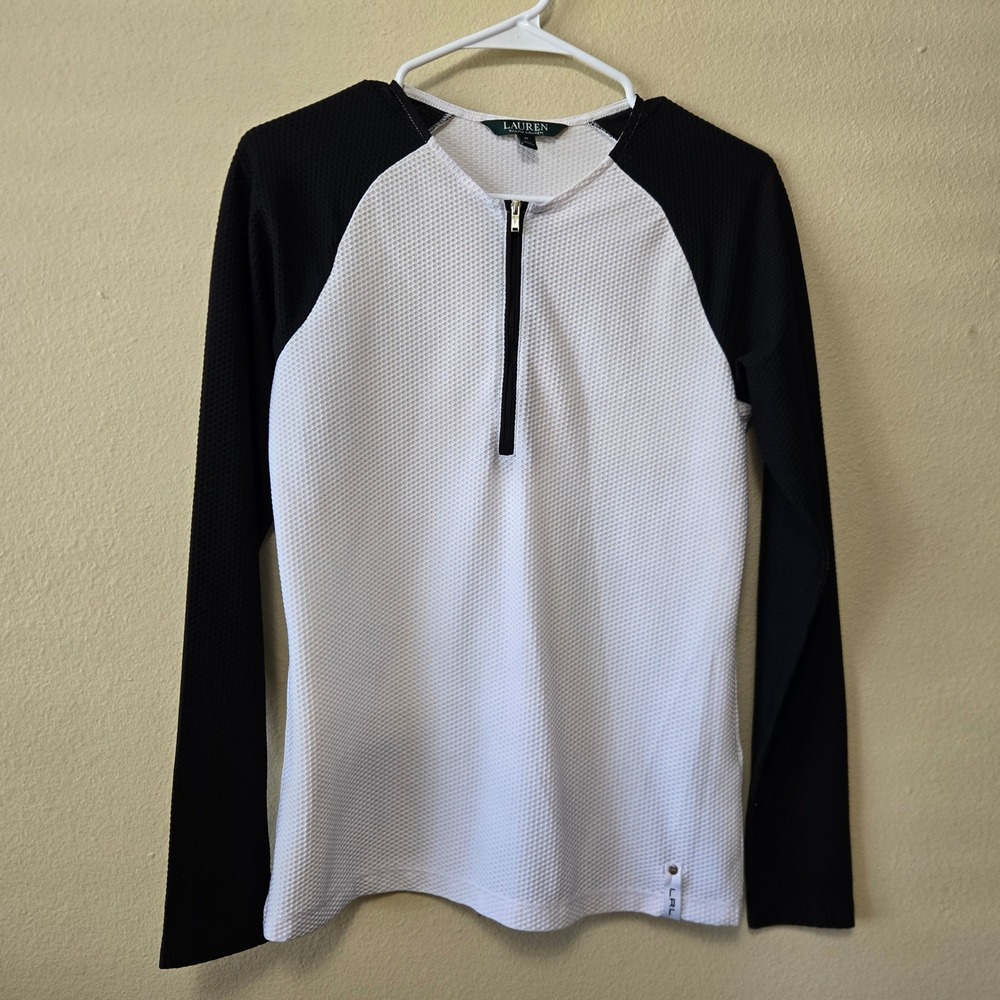 Lauren Ralph Lauren Womens Colorblock Quarter Zip Waffle Knit Top Black White M